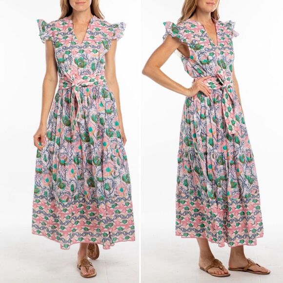 NWT Bindu Anika Dress Pink Multi Floral Ruffle Sleeve Maxi Boho Resort Sz Medium - Picture 3 of 15